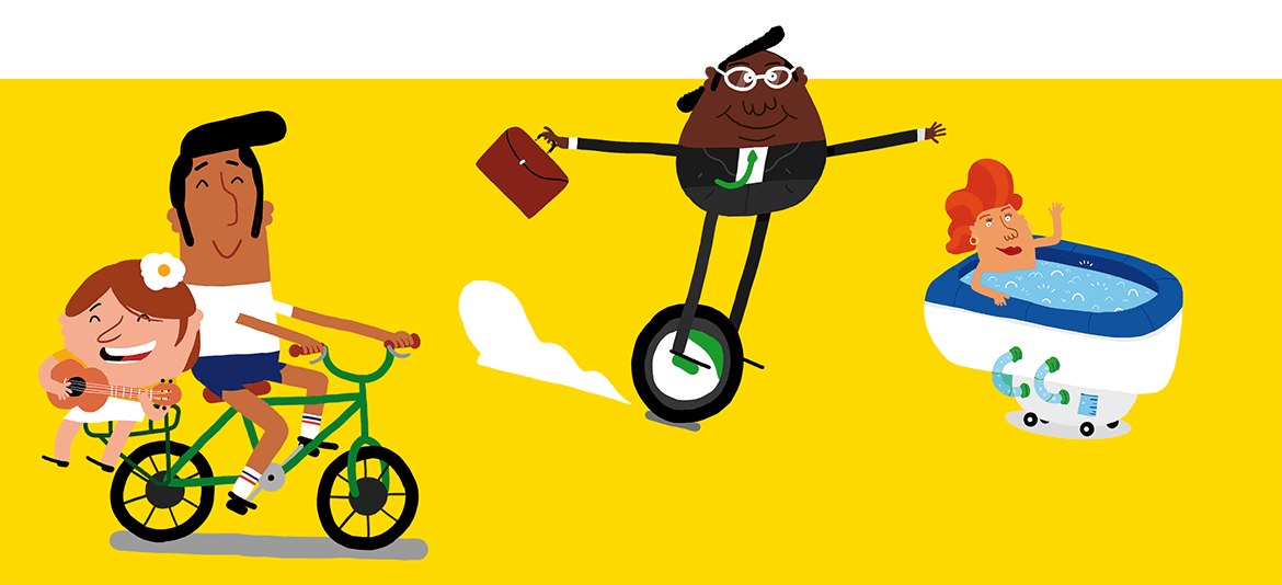 Een tekening met vier personages: op een fiets, op een monowiel en in een bad op wieltjes
